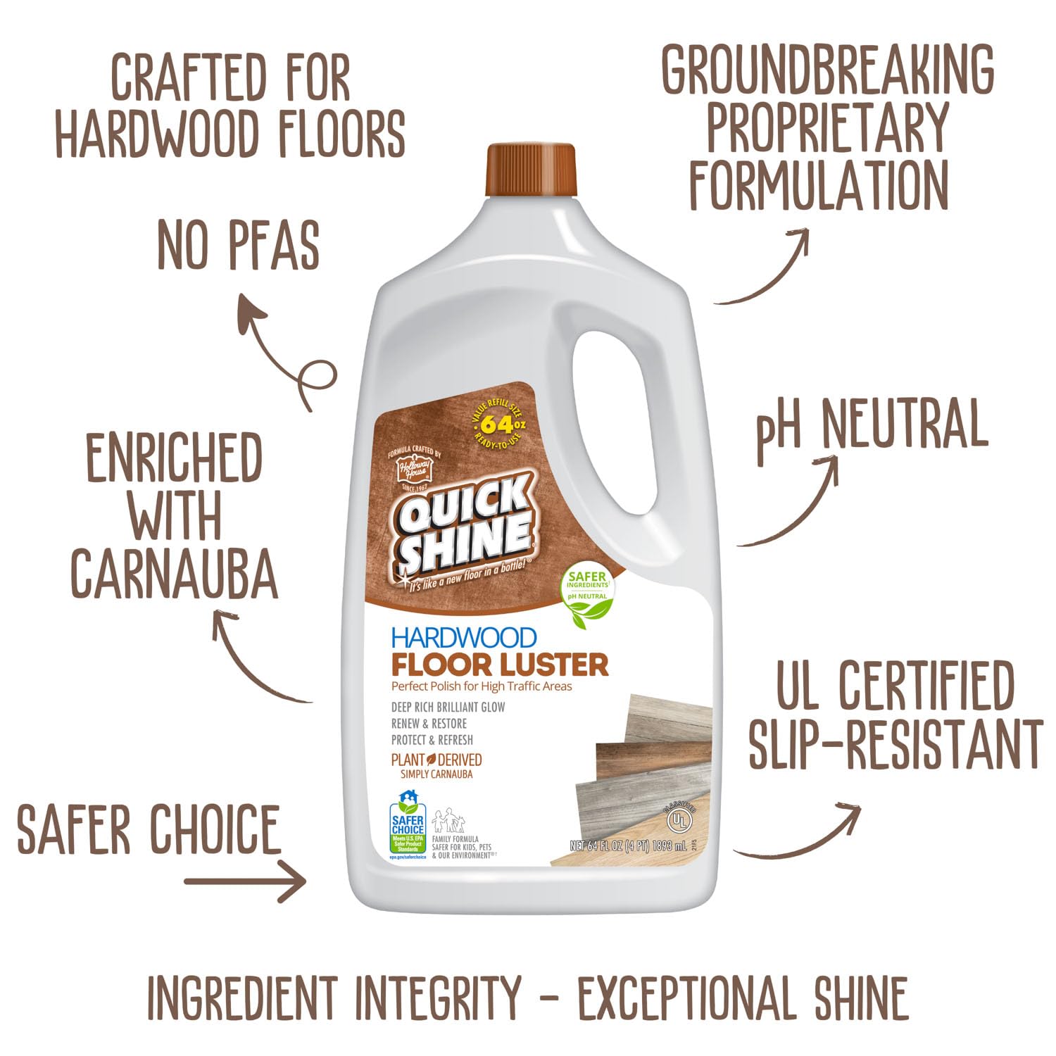 Quick Shine Hardwood Floor Luster-Polish 64oz | Plant-Derived w/Carnauba | Safer Choice, No PFAS, pH Neutral | Ready to Use Formula w/Anti-Slip
