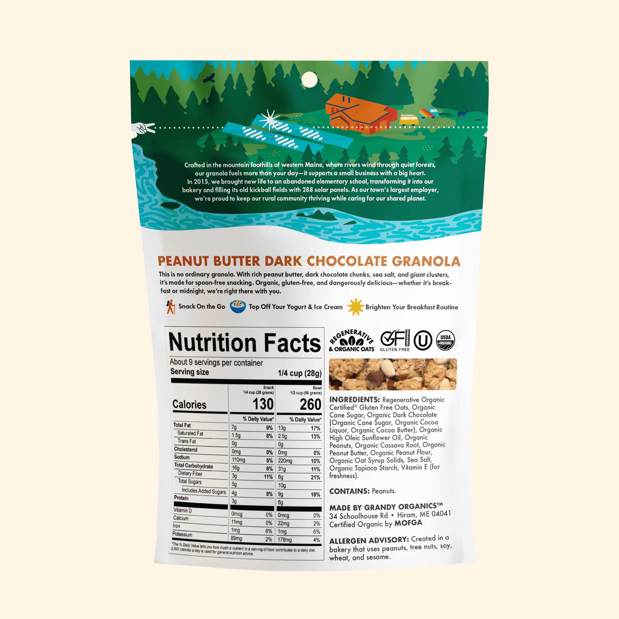 Grandy Organics Peanut Butter Dark Chocolate Granola Clusters - Certified Organic & Gluten Free - 6g Protein - Non GMO & Vegan - Peanuts, Chocolate