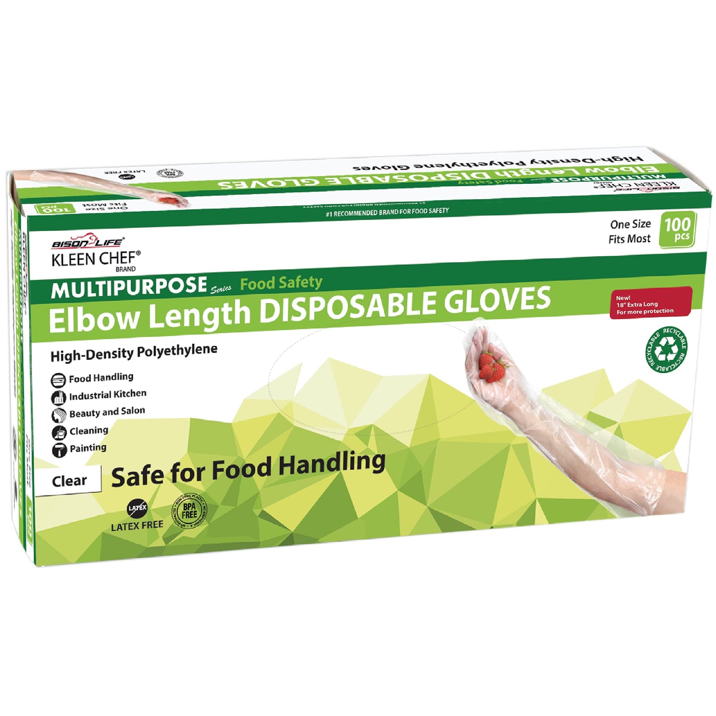 KLEEN CHEF Disposable Food Handling Elbow Length Poly Gloves | One Size Fits Most, 100 per box (1 box)