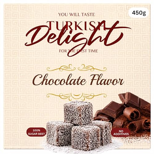 Turkish Delight Chocolate Flavor 450g (~1lb) - Traditional Lokum Candy with Rich Chocolate Taste - Soft Chewy Gourmet Dessert - No Additives - Made