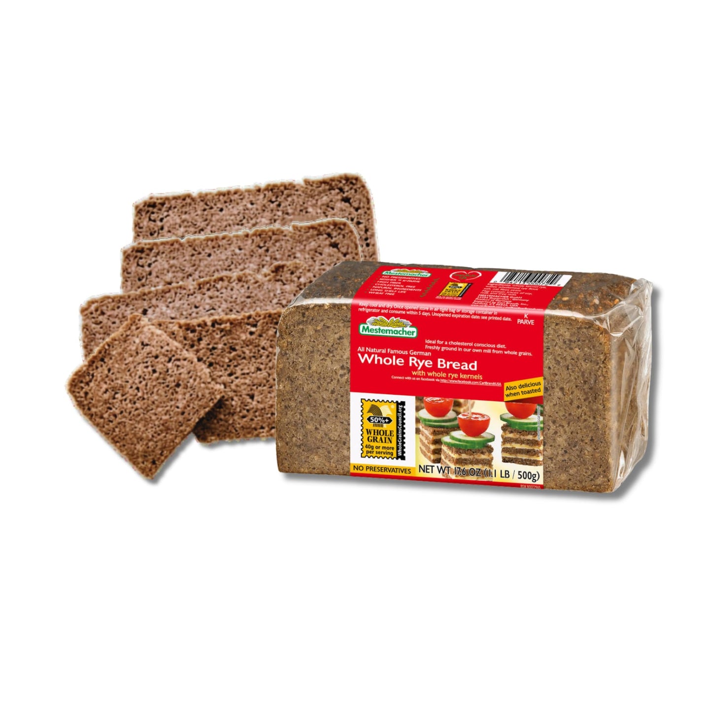 Mestemacher All Natural Whole Rye Bread, 17.6 Oz - Authentic German Whole Grain Rye Bread, High Fiber, Non-GMO, Ready to Eat, Long Shelf Life (Pack