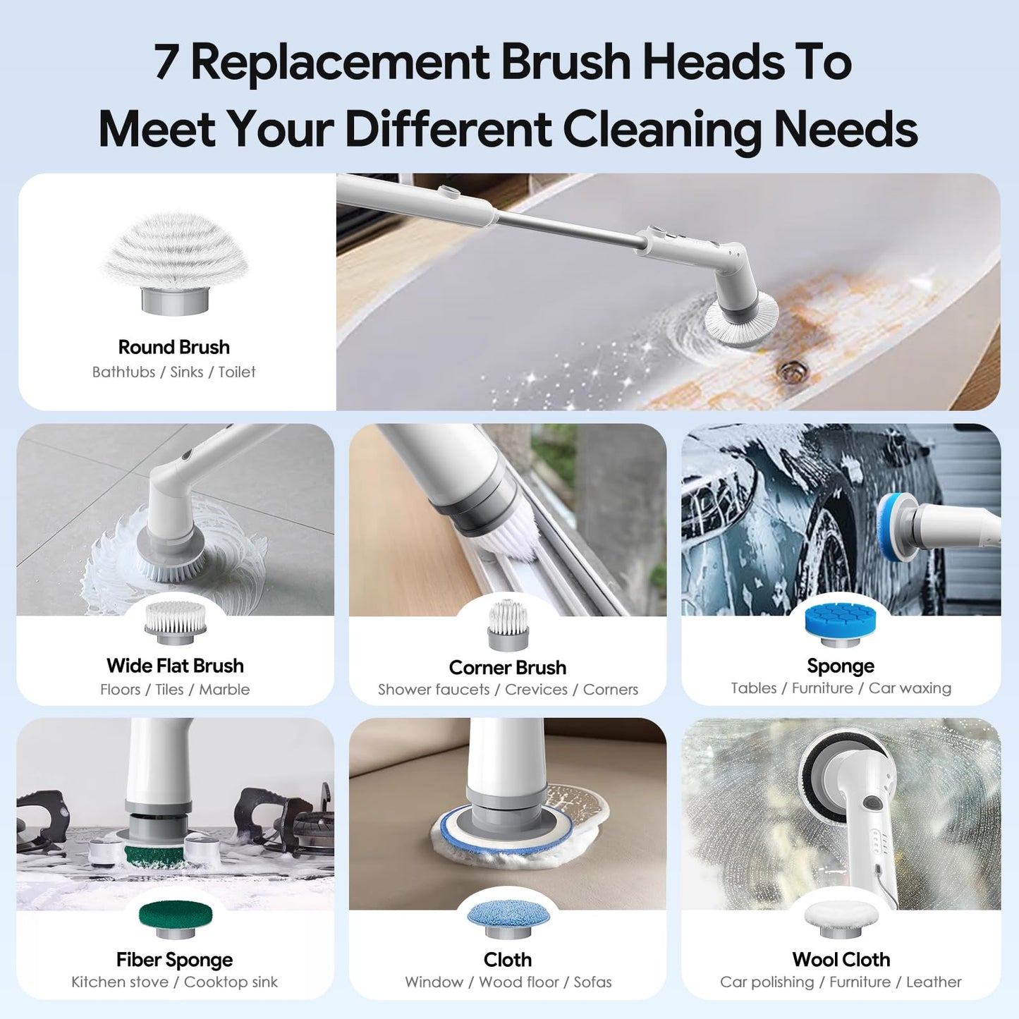 Sorpci Electric Spin Scrubber, 2026 New Cordless Cleaning Brush, Shower Cleaning Brush with 7 Replaceable Brush Heads, Power Scrubber 3 Adjustable