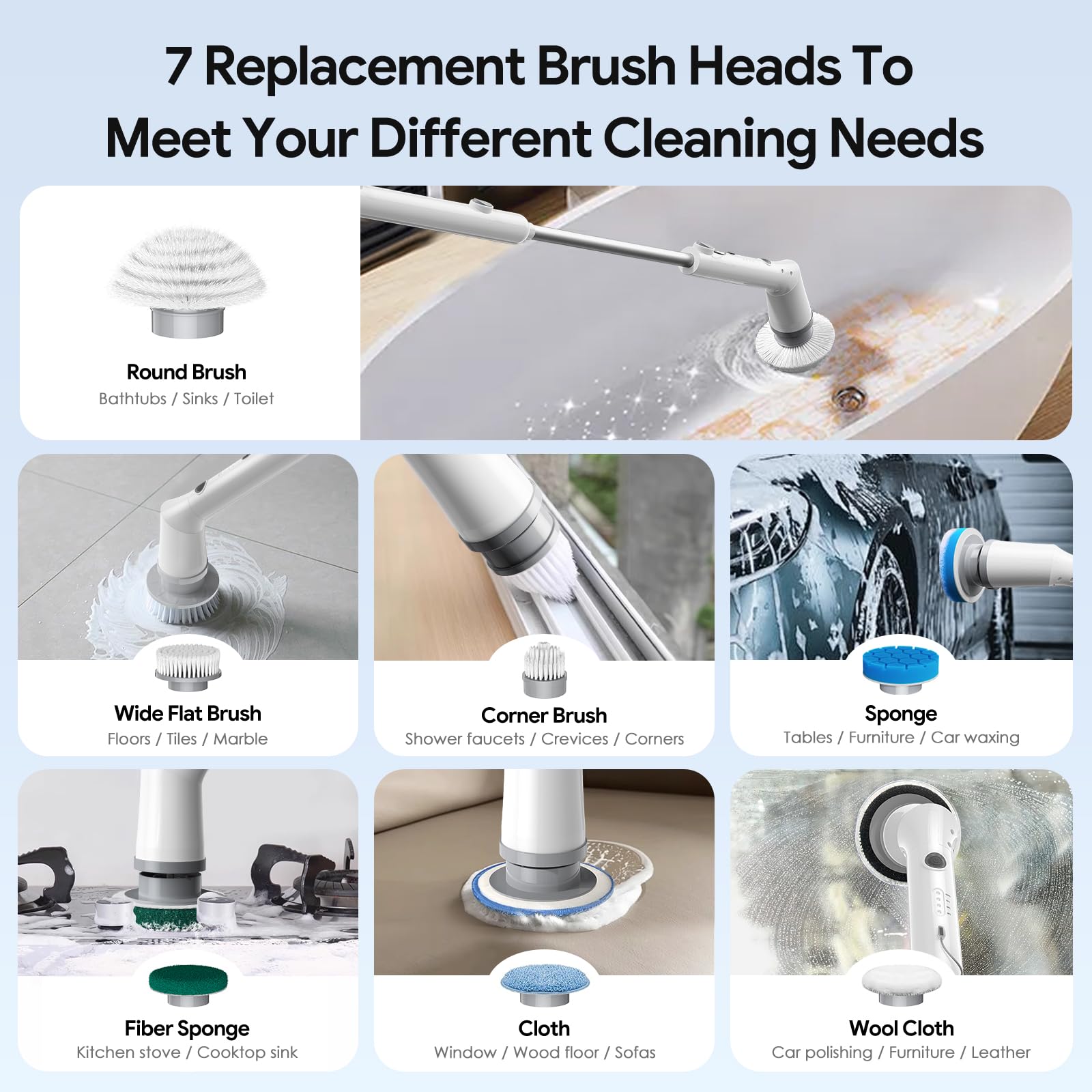 Sorpci Electric Spin Scrubber, 2026 New Cordless Cleaning Brush, Shower Cleaning Brush with 7 Replaceable Brush Heads, Power Scrubber 3 Adjustable