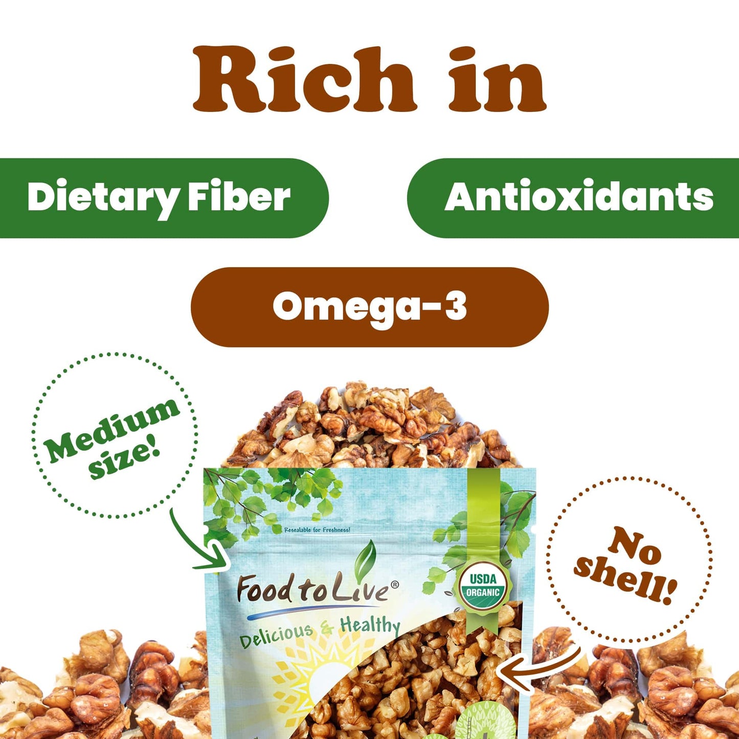 Food to Live Organic Walnut Pieces, 2 Pounds - California Chandler Variety. Medium Size. Non-GMO. Rich in Omega-3, Antioxidants, Fiber. Great