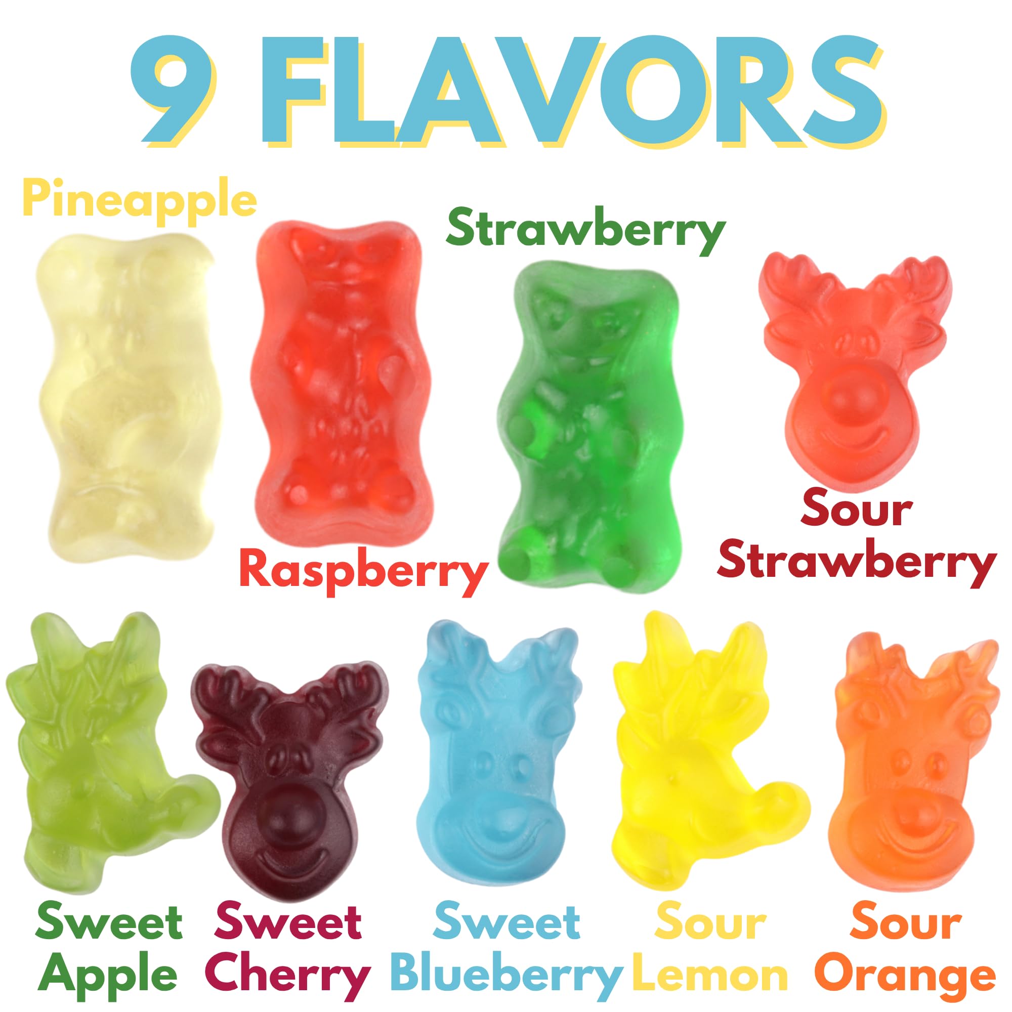 2 Christmas Gummy Bears, 2 Sweet and Sour Reindeer Gummies, Assorted Flavors, Sharable Bags, Sweet Christmas Treat, 4 Ounces (Pack of 4)