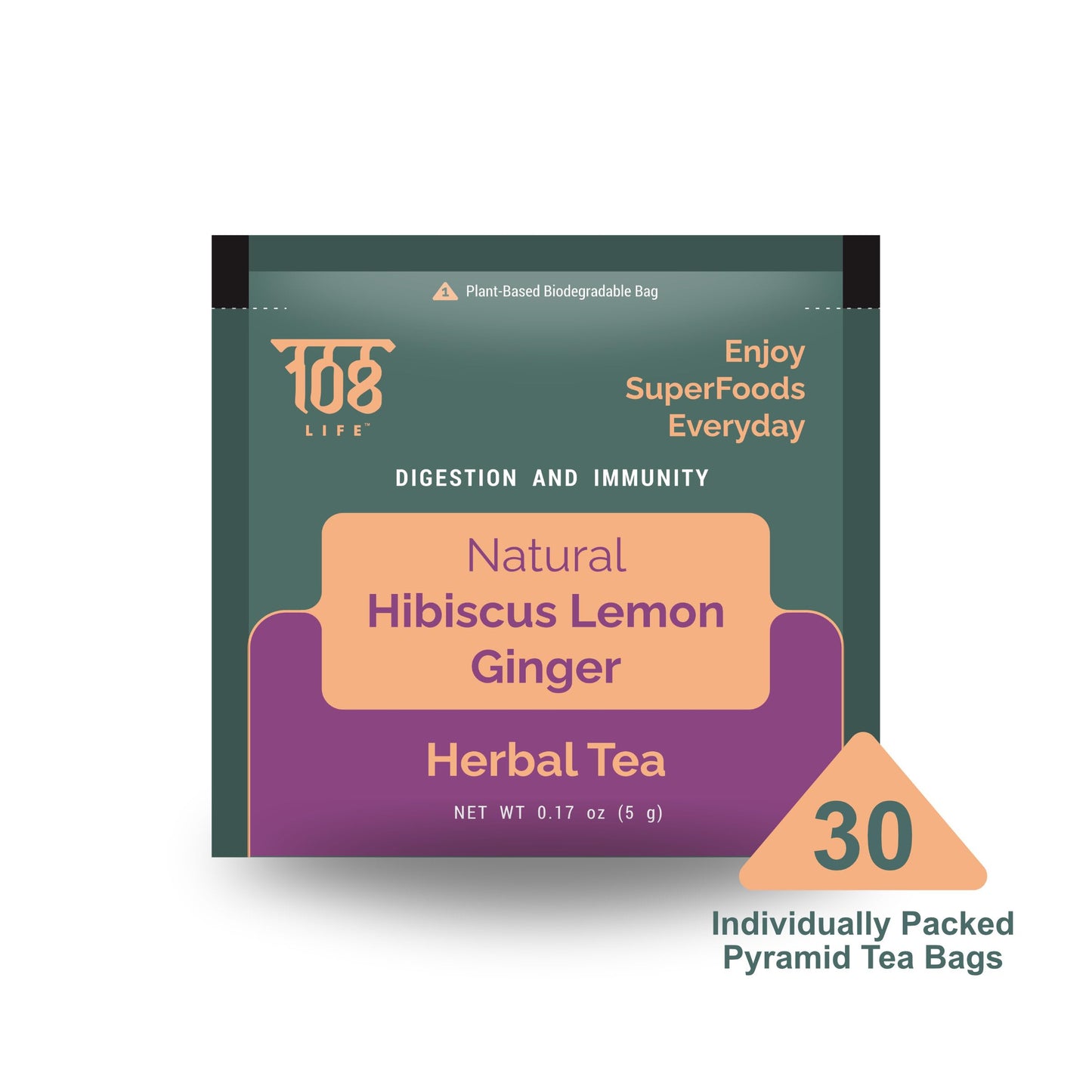108 LIFE Natural Hibiscus Tea Bags | Lemon Ginger Tea | Herbal Tea | 100% Natural | Caffeine Free | Supports Digestion & Immunity | Biodegradable