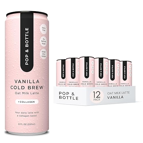 Pop & Bottle Oat Milk Latte - Cold Brew with Marine Collagen, MCT Oil, Organic, Dairy Free, Gluten Free, Sweetened with Dates - Vanilla, 8 Fl Oz (12