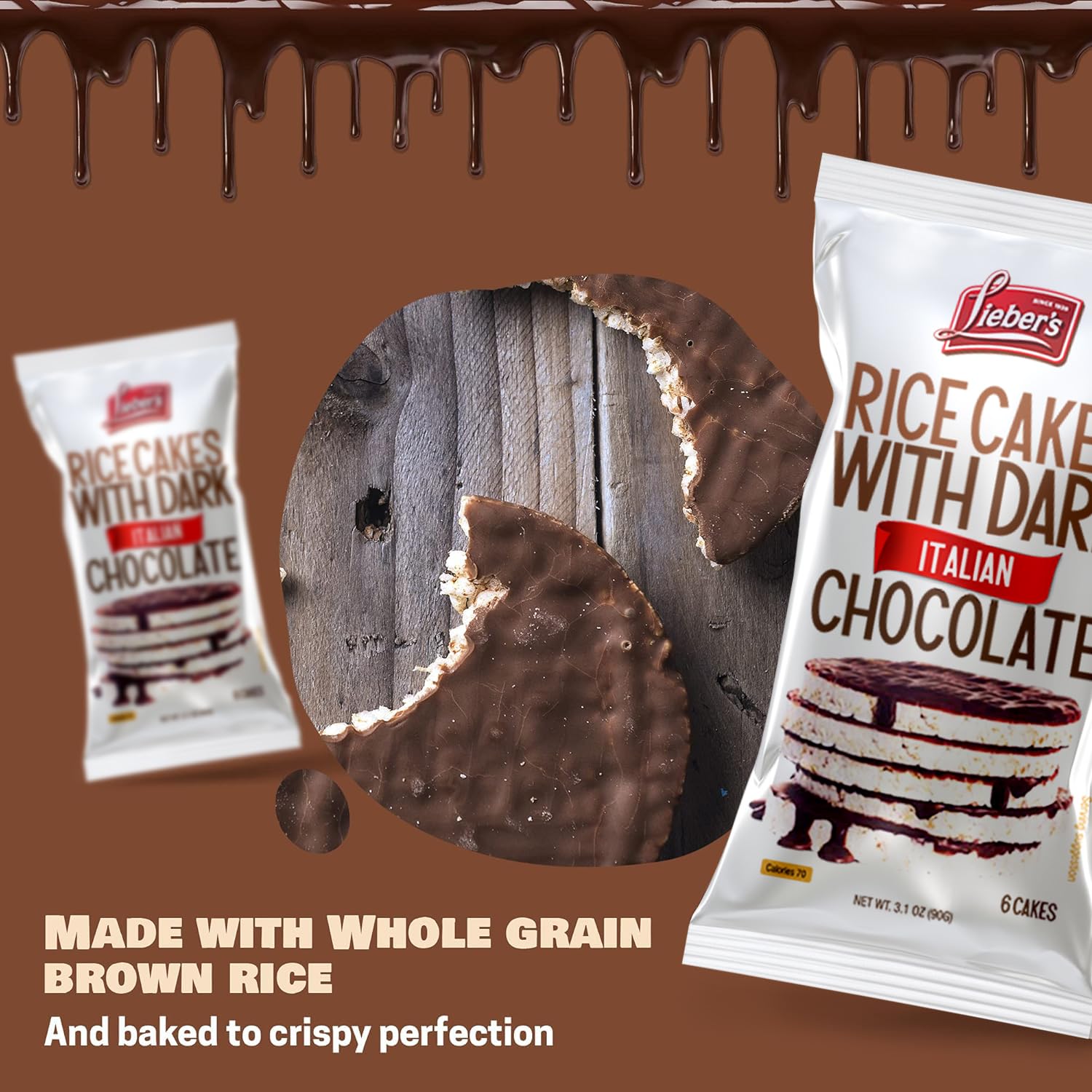 LIEBERS Dark Chocolate Rice Cakes, Kosher Certified Dairy Free, Gluten Free Snack (Dark Italian Chocolate) Pack Of 3