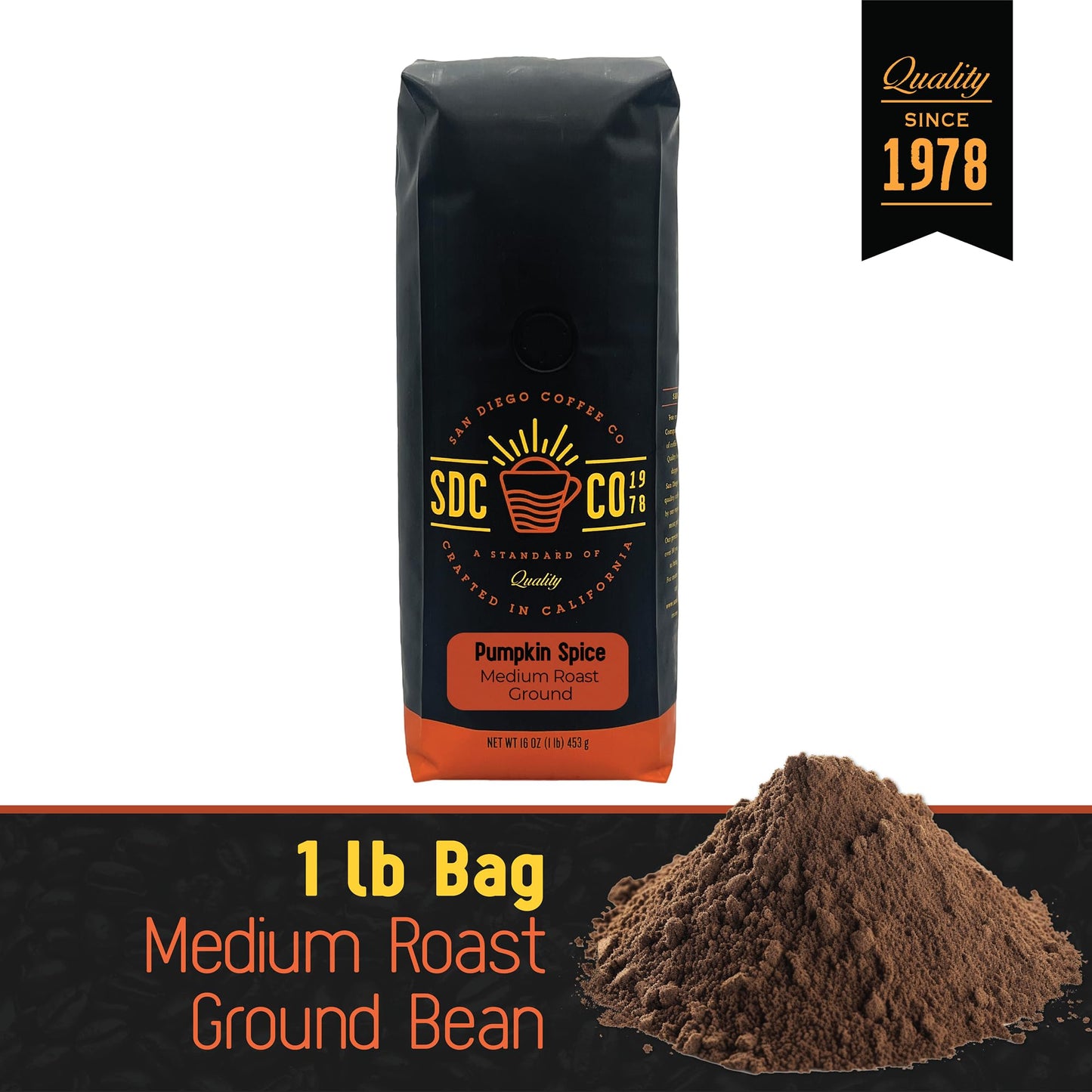 San Diego Coffee Pumpkin Spice, Medium Roast, Ground Coffee, 16-Ounce Bag Café molido tostado