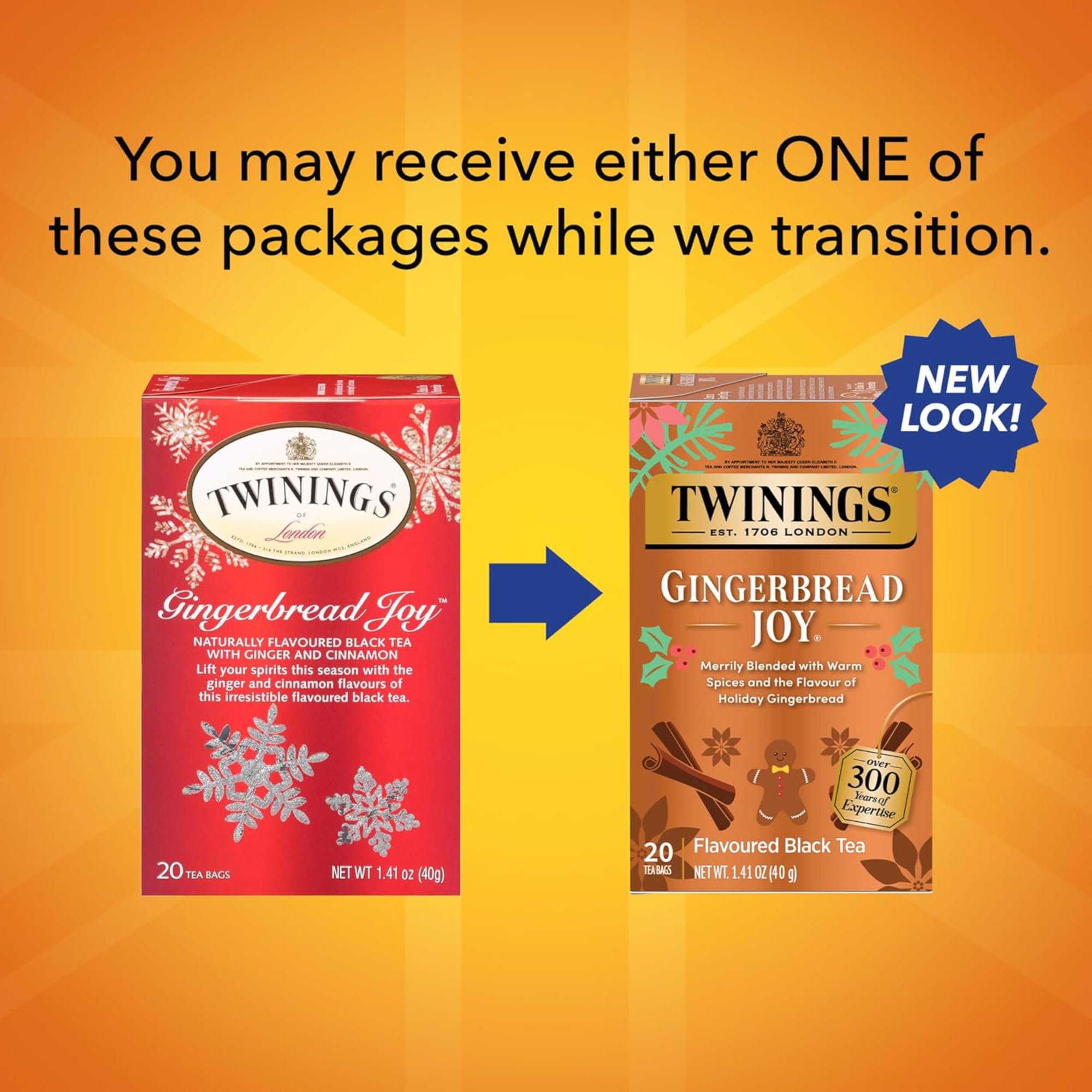 Twinings Gingerbread Joy Holiday Tea, Black Tea Naturally Flavored with Cinnamon and Ginger, Tea Bags Individually Wrapped, 20 Count Ea (Pack of 2)