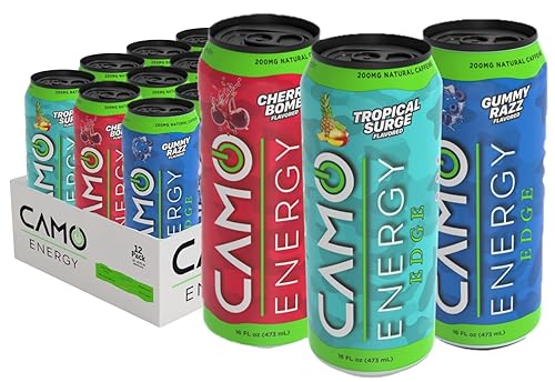 CAMO Energy Edge Variety Pack Energy Drink, Cherry Bomb, Tropical Surge, Gummy Razz (4 each)16oz Cans, 12 Pack, Ultra Premium Caffeine Blend