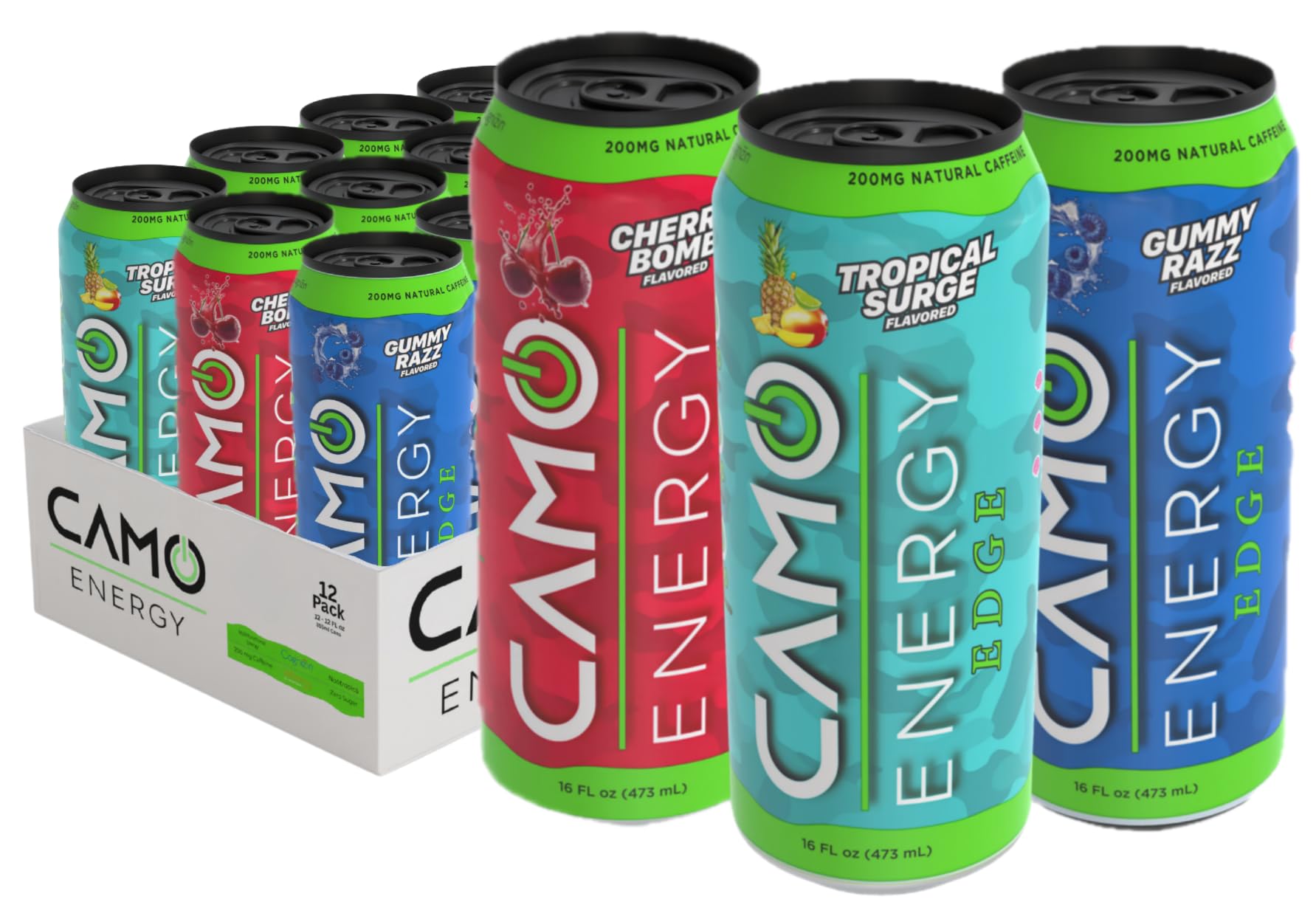 CAMO Energy Edge Variety Pack Energy Drink, Cherry Bomb, Tropical Surge, Gummy Razz (4 each)16oz Cans, 12 Pack, Ultra Premium Caffeine Blend