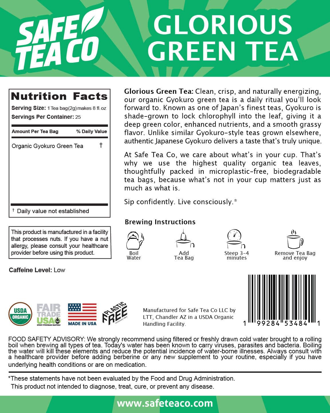 Glorious Green Tea, Organic and No Microplastics Tea Bags, 25 Count