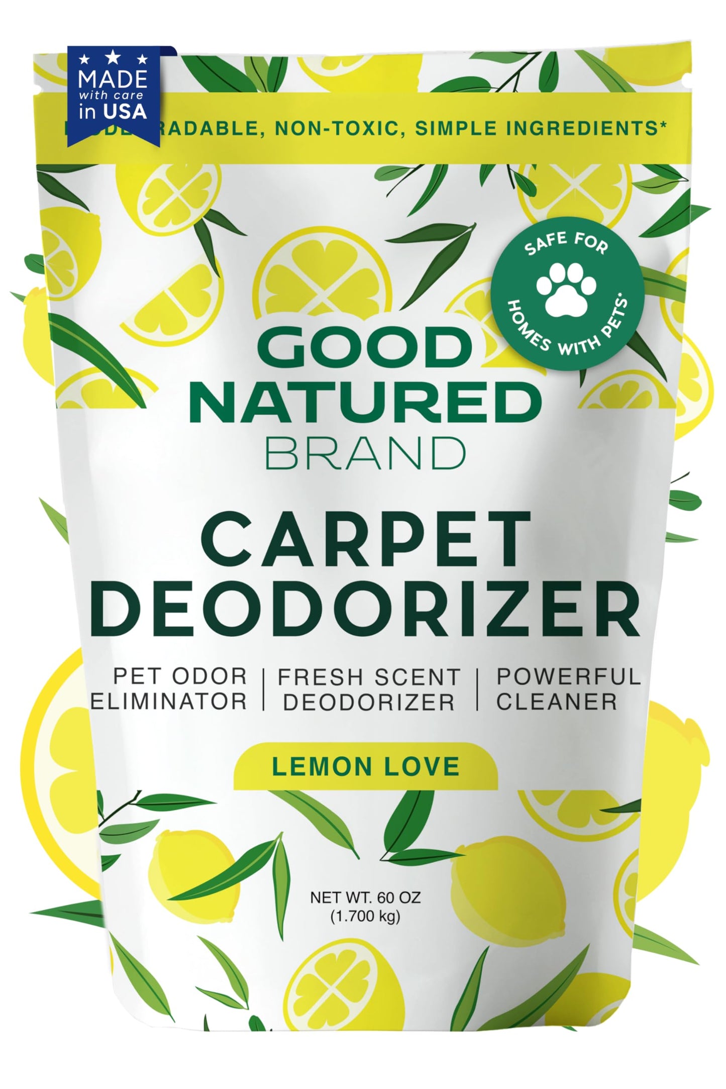 Good Natured Brand | Carpet Deodorizer & Freshener Powder | 60 oz Pet Odor Eliminator for Strong Odor & Pet Urine | Fresh Natural Lemon Love | Safe