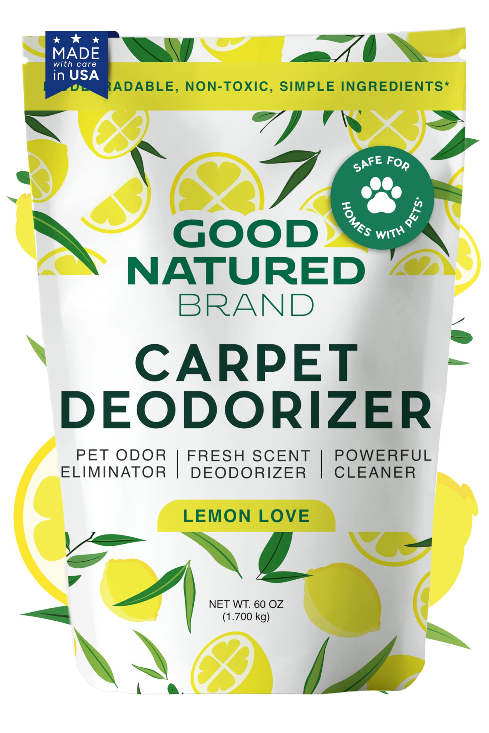 Good Natured Brand | Carpet Deodorizer & Freshener Powder | 60 oz Pet Odor Eliminator for Strong Odor & Pet Urine | Fresh Natural Lemon Love | Safe