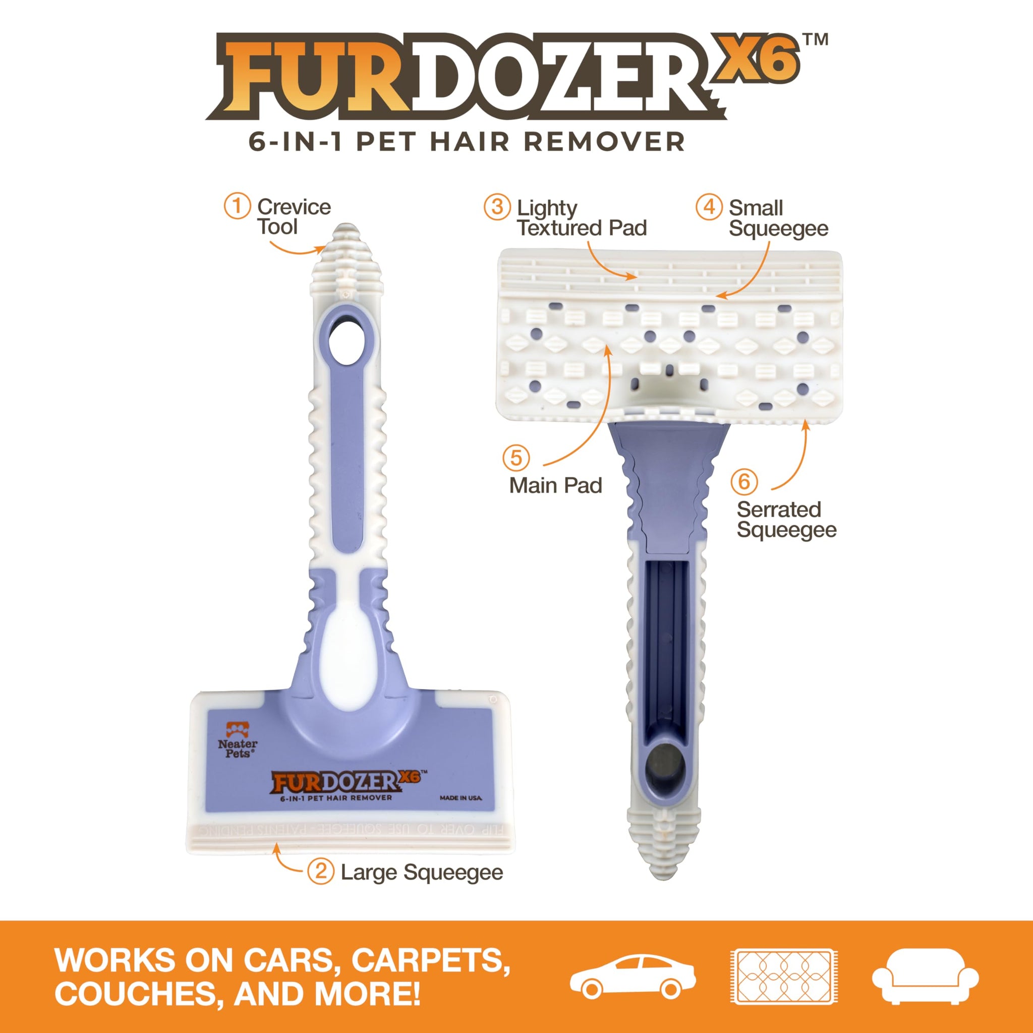 FurDozer Pet Hair Remover & Auto Detailing Tools - Cat & Dog Hair Remover for Carpets, Car Interiors, Couches, Bedding, & Pet Furniture (Purple, (3