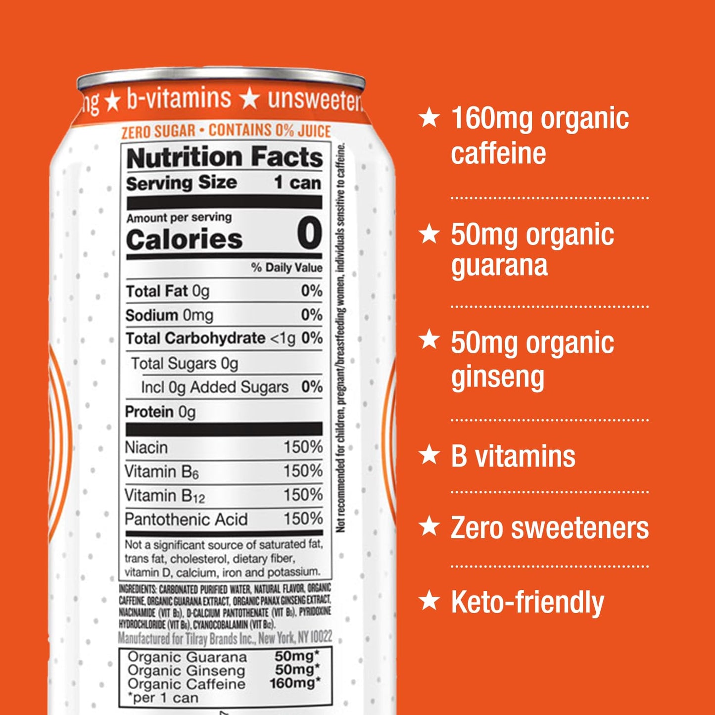 Hiball Clean Energy Drink - Blood Orange - Zero Sugar, Zero Calorie Sparkling Water with 160mg Organic Caffeine, 50mg Organic Ginseng, 50mg Organic