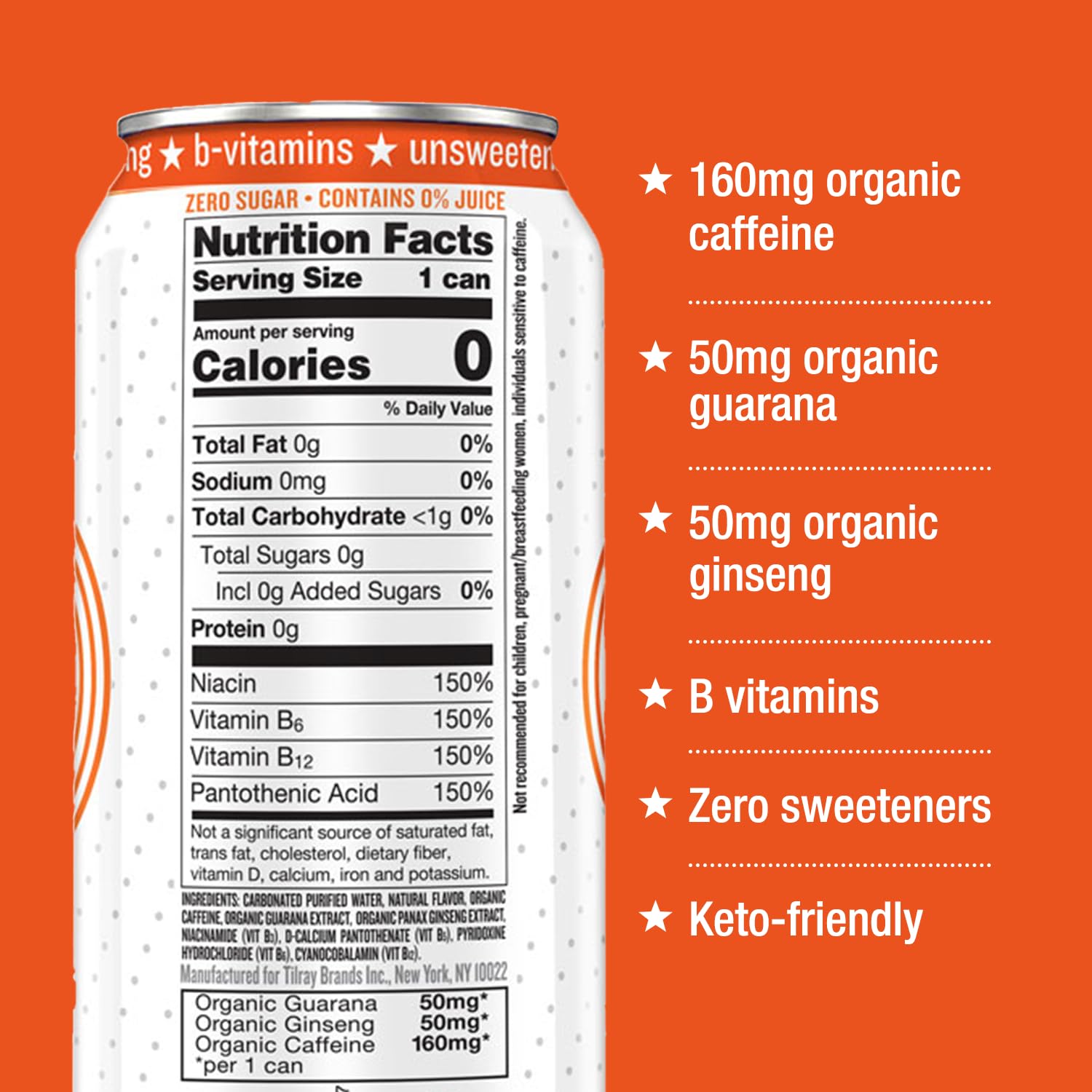 Hiball Clean Energy Drink - Blood Orange - Zero Sugar, Zero Calorie Sparkling Water with 160mg Organic Caffeine, 50mg Organic Ginseng, 50mg Organic