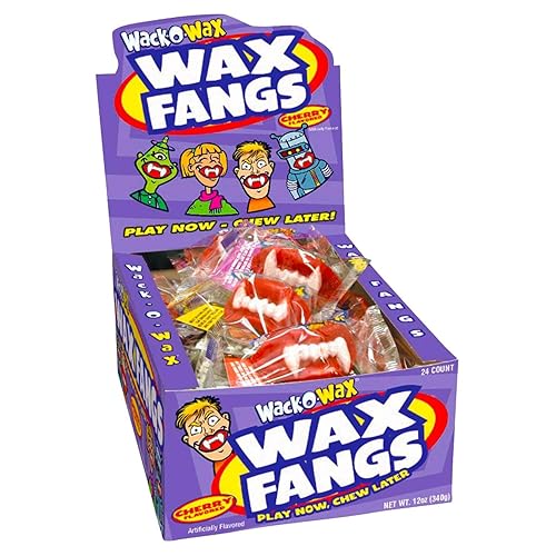 Wack-O-Wax Fangs - Fun Candy Halloween Toy - Individually Wrapped Peanut and Gluten Free Candy - Cherry, 24 Count Box