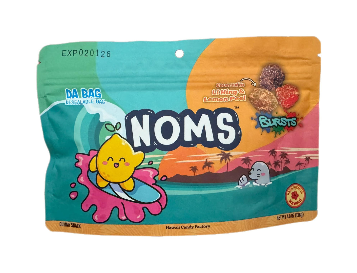 Noms Bursts Gummy Candy, Li Hing and Lemon Peel Flavor, 4.9 oz Resealable Bag