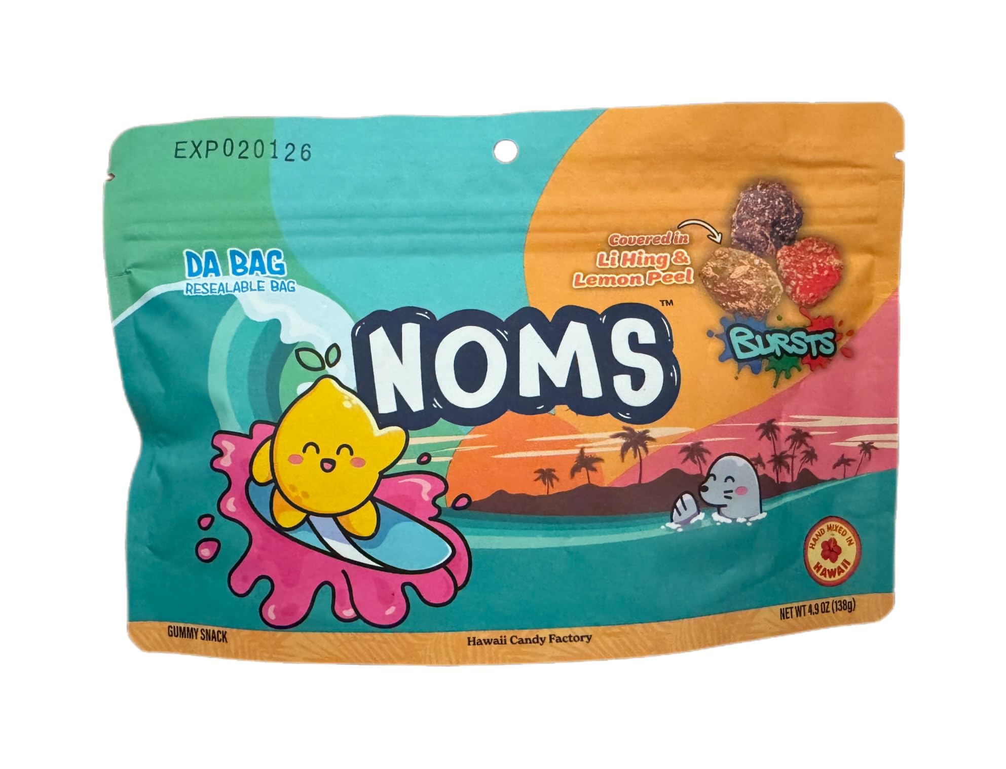Noms Bursts Gummy Candy, Li Hing and Lemon Peel Flavor, 4.9 oz Resealable Bag