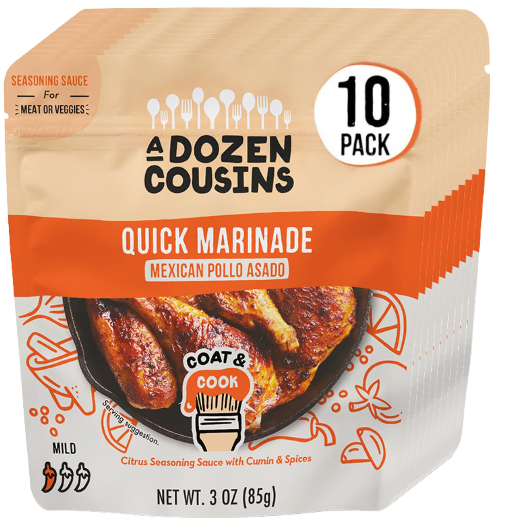 A Dozen Cousins Quick Chicken Marinade Seasoning Sauce Pouch (10-Pack), Mexican Pollo Asado Seasoning, Instant Meal Coat & Cook, Citrus Sauce