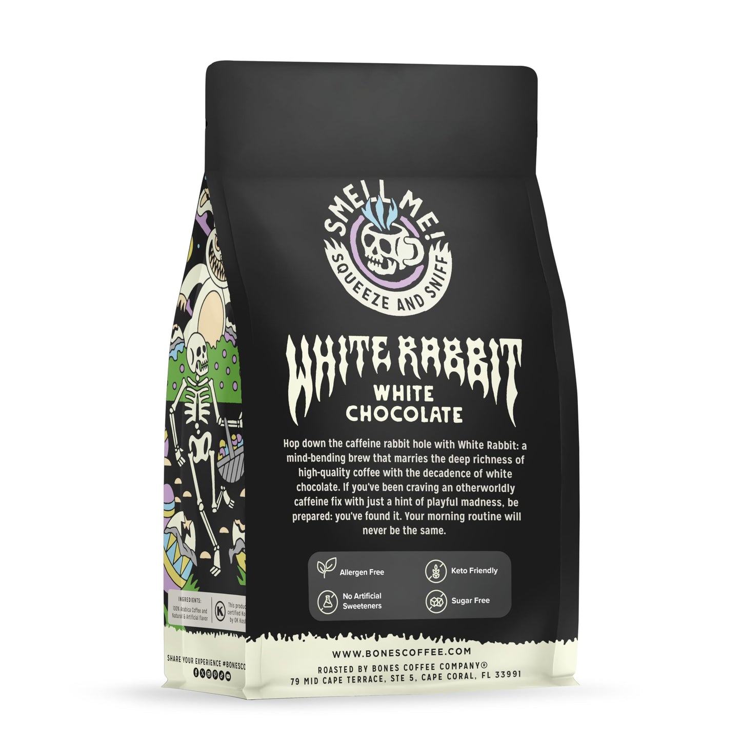 Bones Coffee Company White Rabbit, White Chocolate Flavored Coffee, Medium Roast Low Acid Arabica Beans Compatible with Auto drip and French Press
