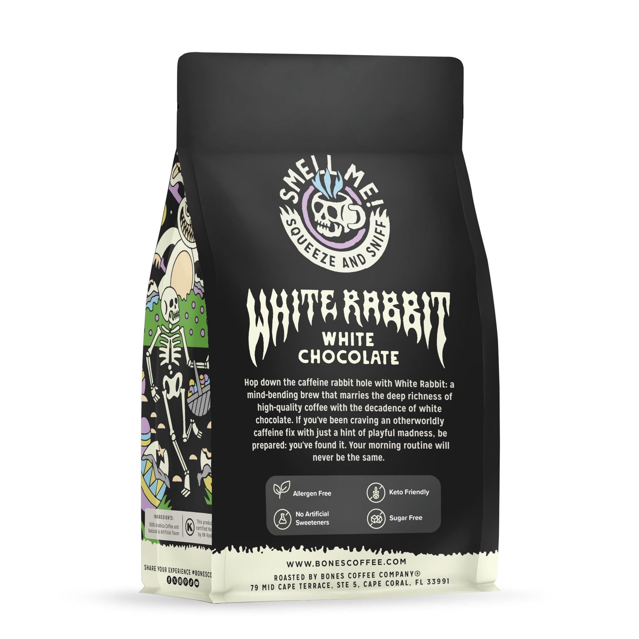 Bones Coffee Company White Rabbit, White Chocolate Flavored Coffee, Medium Roast Low Acid Arabica Beans Compatible with Auto drip and French Press