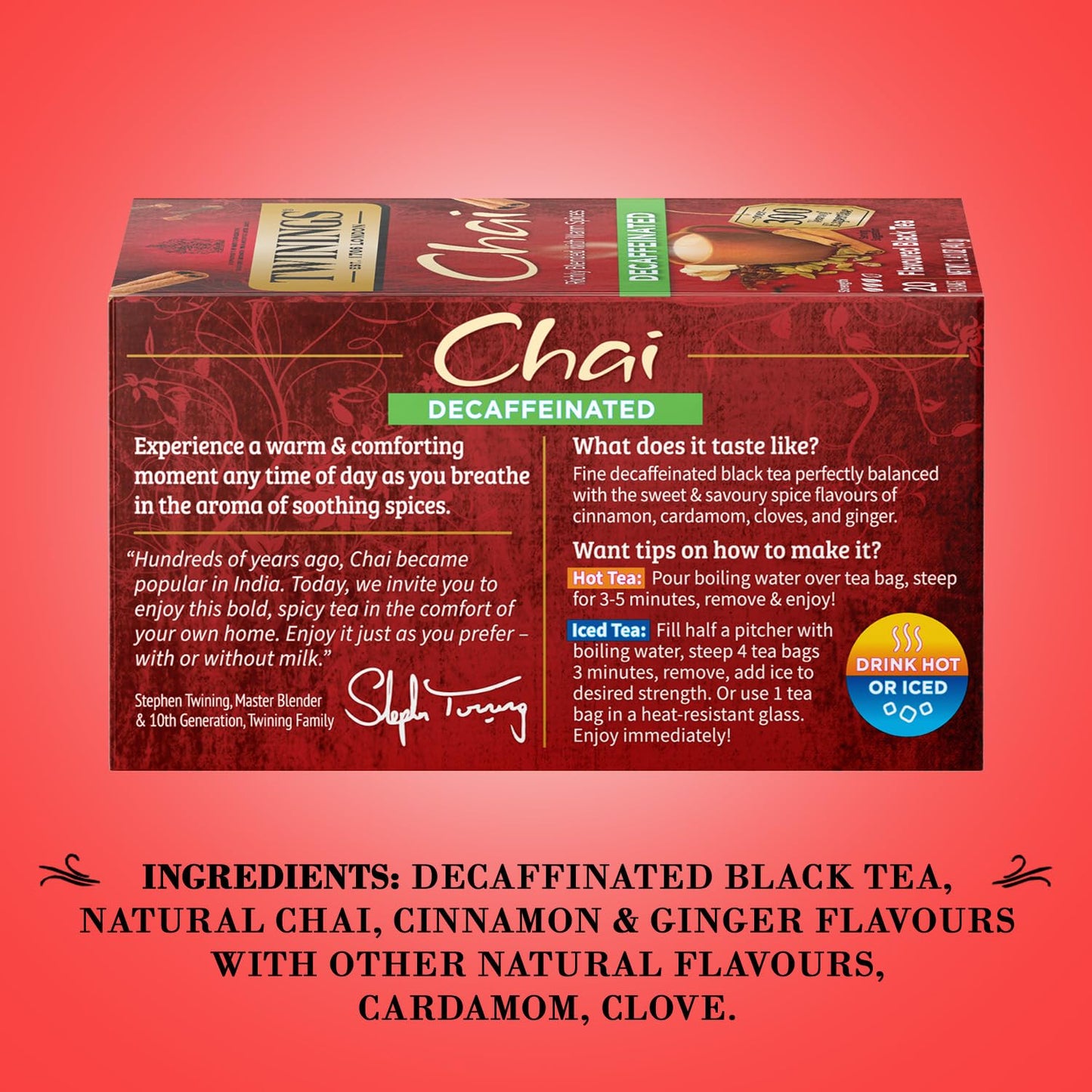 Twinings Decaffeinated Chai Tea, Black Tea Blend with Cinnamon, Ginger, Cardamon, 20 Count (Pack of 3)