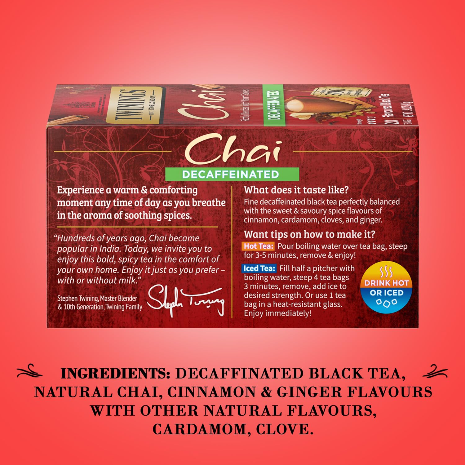 Twinings Decaffeinated Chai Tea, Black Tea Blend with Cinnamon, Ginger, Cardamon, 20 Count (Pack of 3)
