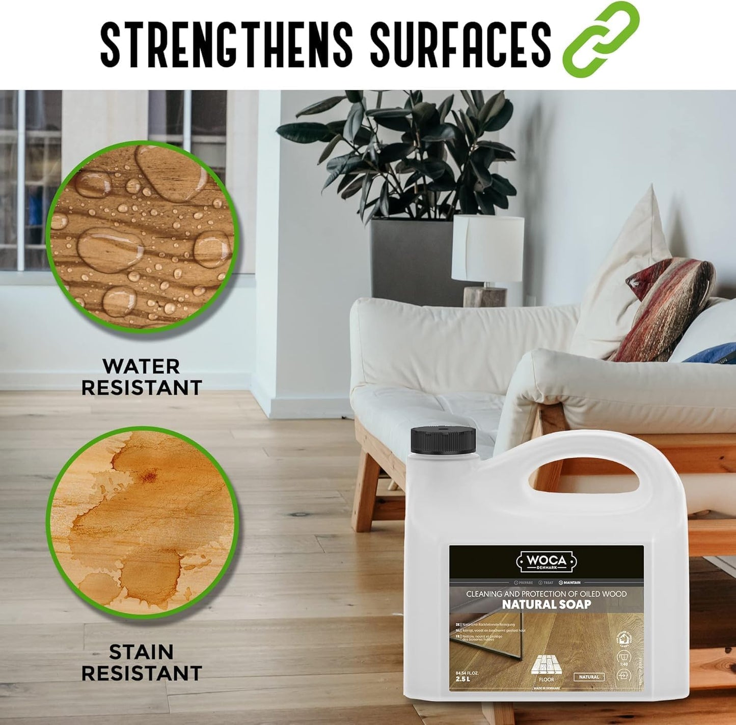 WOCA Denmark Natural Soap Bundle - 2x(1L) -Concentrated Cleaner for Oil-Treated Hardwood Floors, Furniture, Millwork, Cutting Boards, and Countertops.