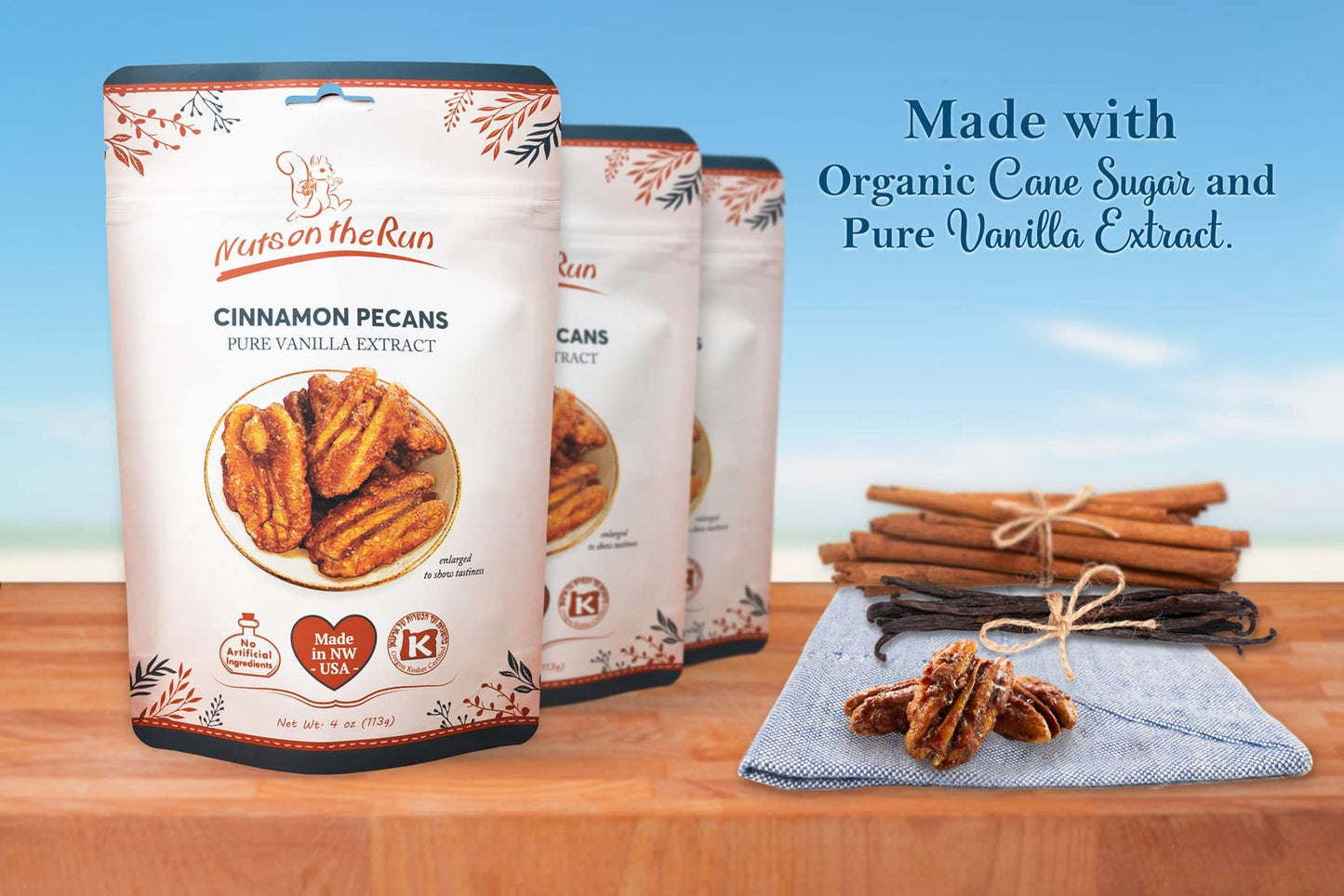 Nuts on the Run Cinnamon Pecans - 4oz (PACK OF 3 BAGS), Roasted Cinnamon Pecan Pralines