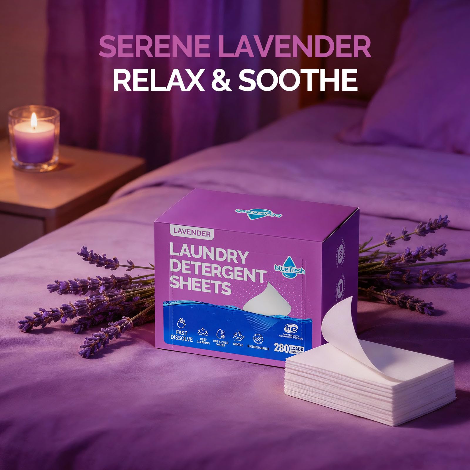 blue fresh Laundry Detergent Sheets Lavender Scent - Dual-Effect Laundry Soap Sheets for Travel, No Residue & Hypoallergenic Washer Sheets Detergent