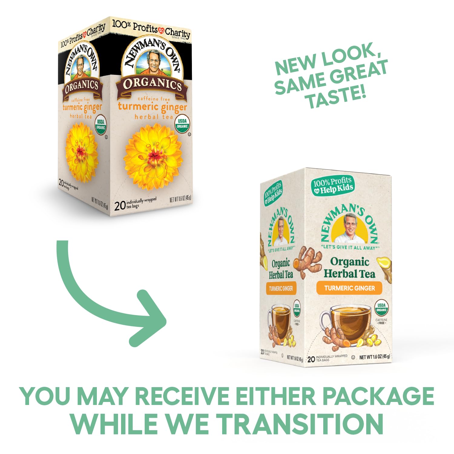 Newman ’s Own Organic Turmeric Ginger Herbal Tea Caffeine-Free May Aid Digestion and Boost Immunity Turmeric Tea with 20 Individually Wrapped Tea Bags