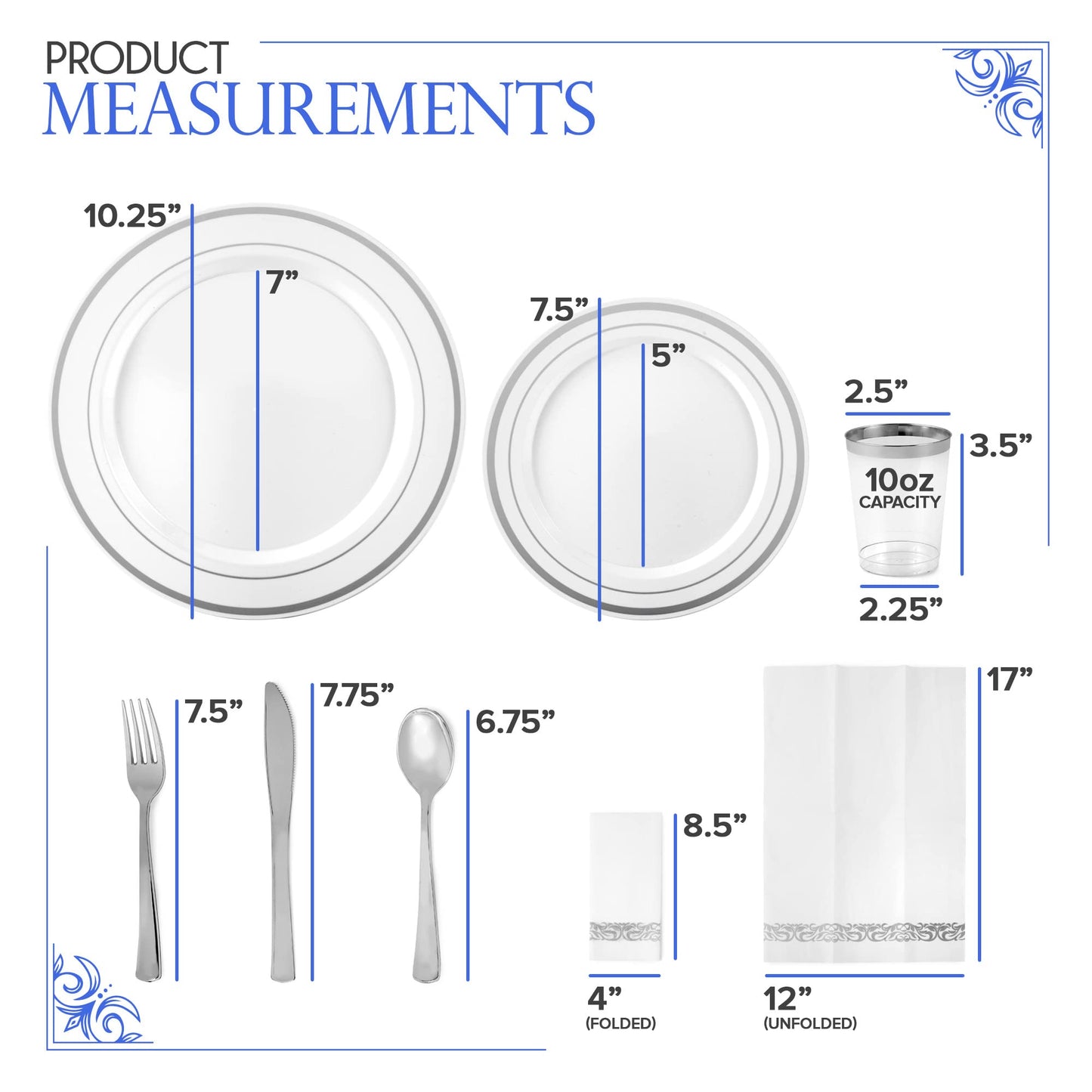 700 Piece Silver Dinnerware Set: 200 Silver-Rim Plastic Plates, 100 Silver Silverware, 100 Plastic Cups, 100 Cloth-Like Napkins, Bulk Wedding Plates