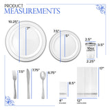 700 Piece Silver Dinnerware Set: 200 Silver-Rim Plastic Plates, 100 Silver Silverware, 100 Plastic Cups, 100 Cloth-Like Napkins, Bulk Wedding Plates