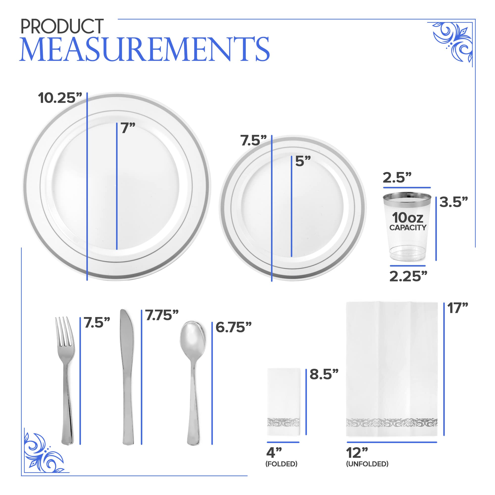 700 Piece Silver Dinnerware Set: 200 Silver-Rim Plastic Plates, 100 Silver Silverware, 100 Plastic Cups, 100 Cloth-Like Napkins, Bulk Wedding Plates