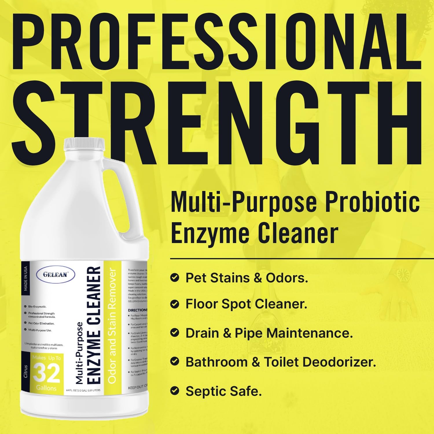 Multi-Purpose Probiotic Enzyme Citrus Cleaner, 1/2 Gallon (64 oz.) - Pet Stain and Odor Remover - Concentrated - Professional & Home Strength Drains