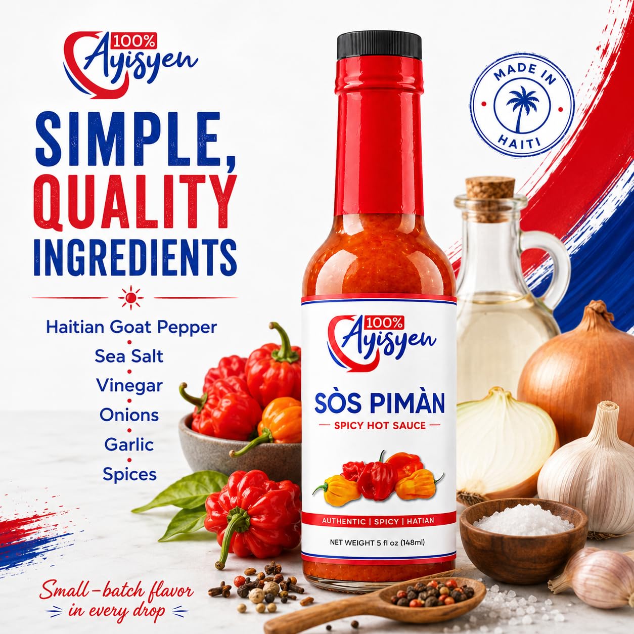 Sòs Pimàn Spicy Hot Sauce, Authentic Haitian, Haitian Goat Pepper, 5 fl oz, 100% Ayisyen