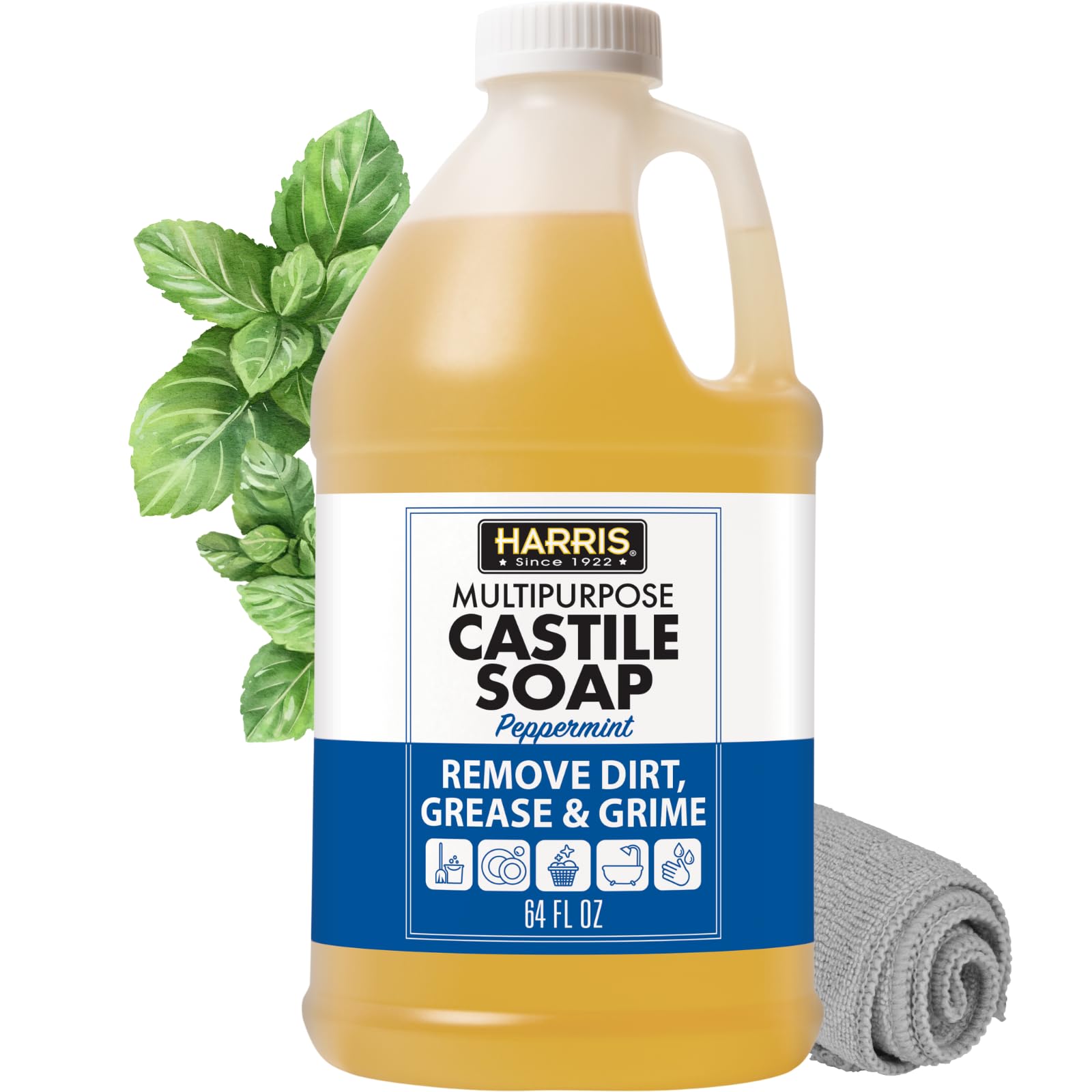 HARRIS Multi-Purpose Pure Liquid Castile Soap with Micro Fiber Towel for Home Cleaning, For Dish Soap, Laundry Detergent, Kitchen and Bathroom