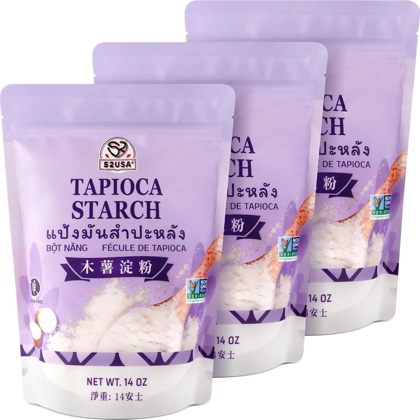 52USA Tapioca Starch, 3 Pack (42oz Total) | Tapioca Flour from Cassava Root | Gluten Free Flour Substitute | Vegan, Kosher, Non-GMO | Thickener