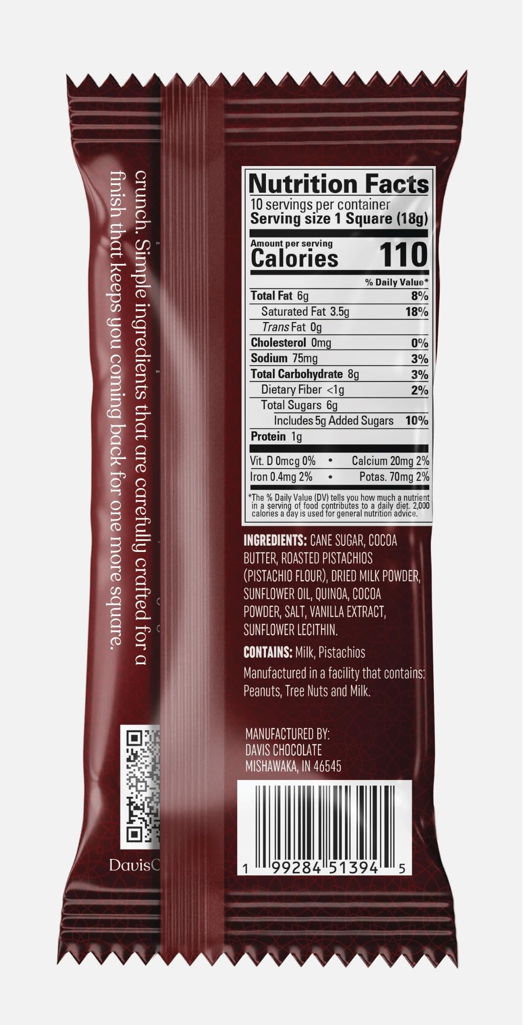 Davis Chocolate Dubai Destiny Artisanal Milk Chocolate with Pistachio & Puffed Quinoa, Gluten Free, Kosher, 6.35oz (Milk Chocolate)