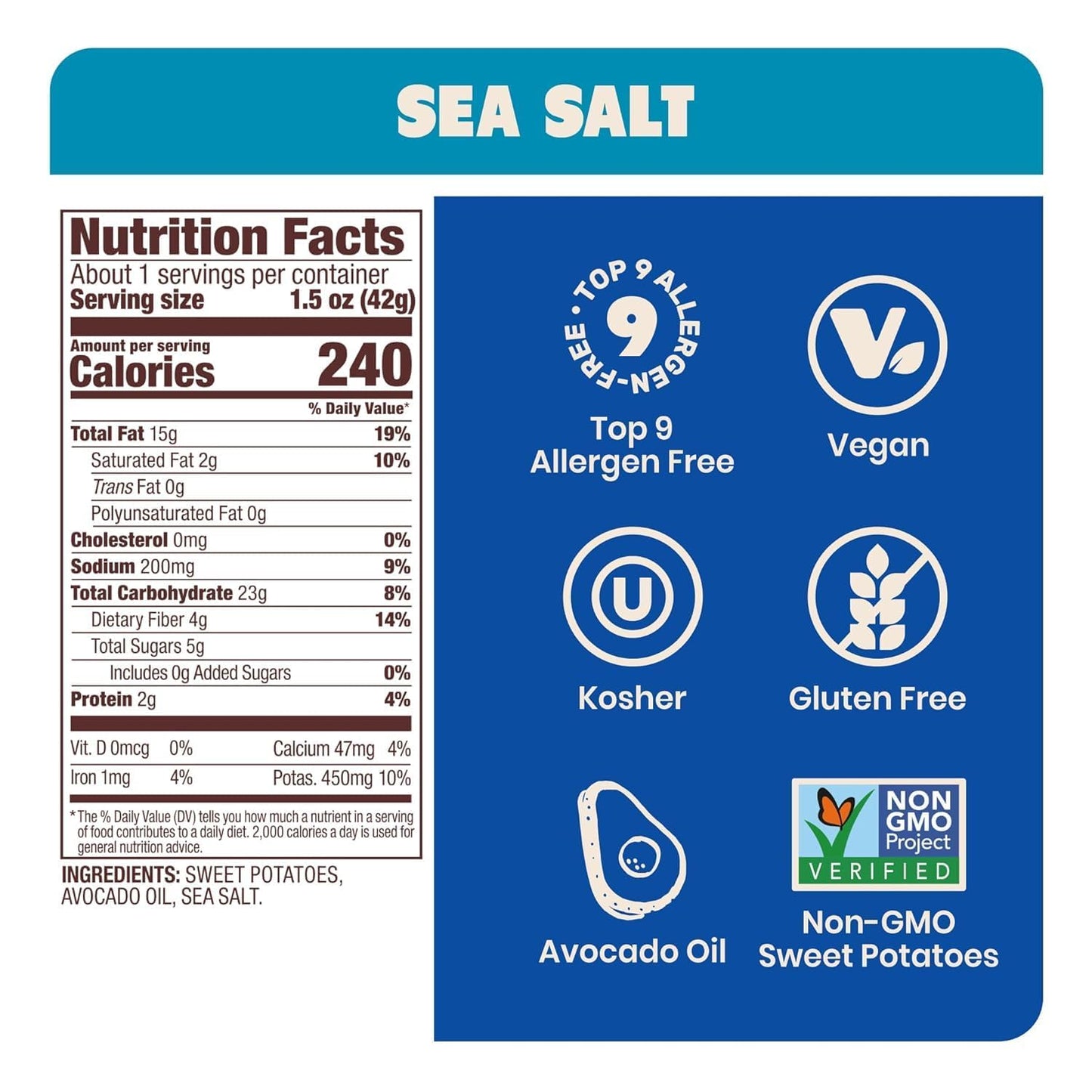 Jackson’s Sweet Potato Kettle Chips with Sea Salt made with Avocado Oil (1.5 oz, Pack of 10) - Allergen-friendly, Gluten Free, Peanut Free, Vegan