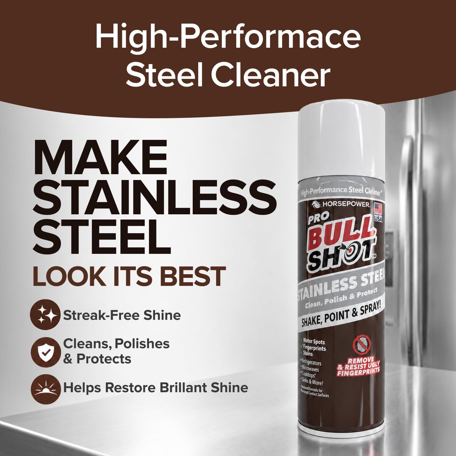 Horsepower Bull Shot Stainless Steel Cleaner Spray, As Seen On TV, Cleans, Polishes & Protects, Removes Greasy Fingerprints & Streaks