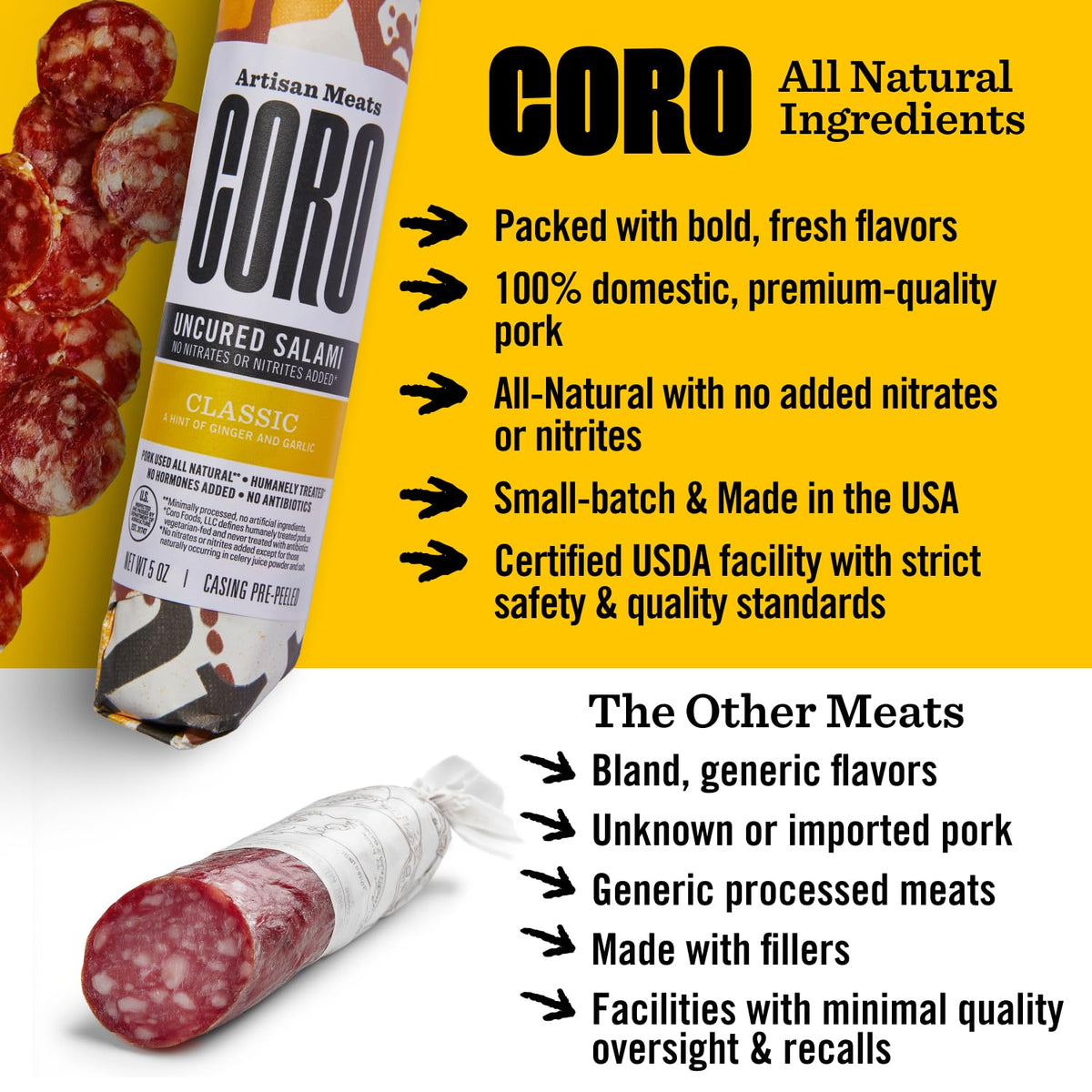 Coro Classic Uncured Artisan Salami Stick - 5oz | Garlic & Ginger