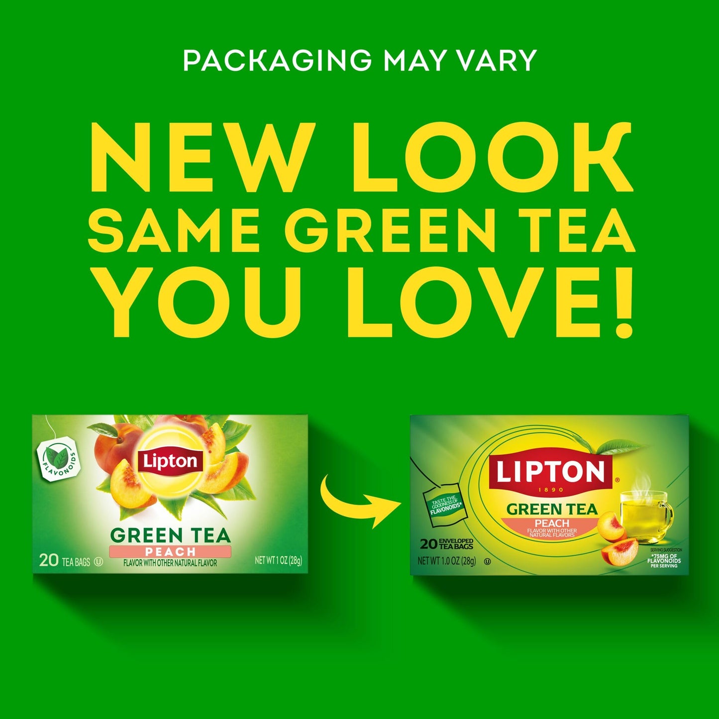 Lipton Peach Green Tea Bags, Flavored, Unsweetened Teabags for Hot Tea or Peach Iced Tea with Caffeine and Flavonoids, 20 Total Tea Bags