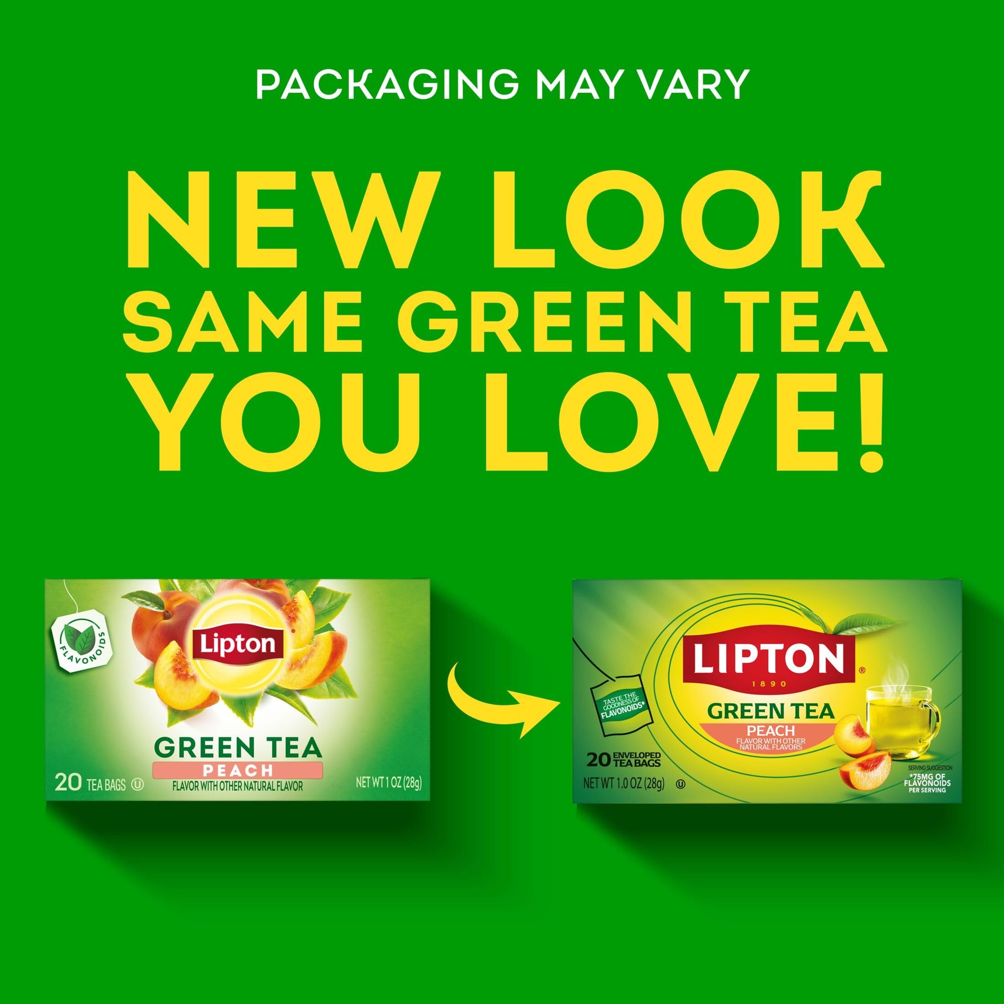 Lipton Peach Green Tea Bags, Flavored, Unsweetened Teabags for Hot Tea or Peach Iced Tea with Caffeine and Flavonoids, 20 Total Tea Bags
