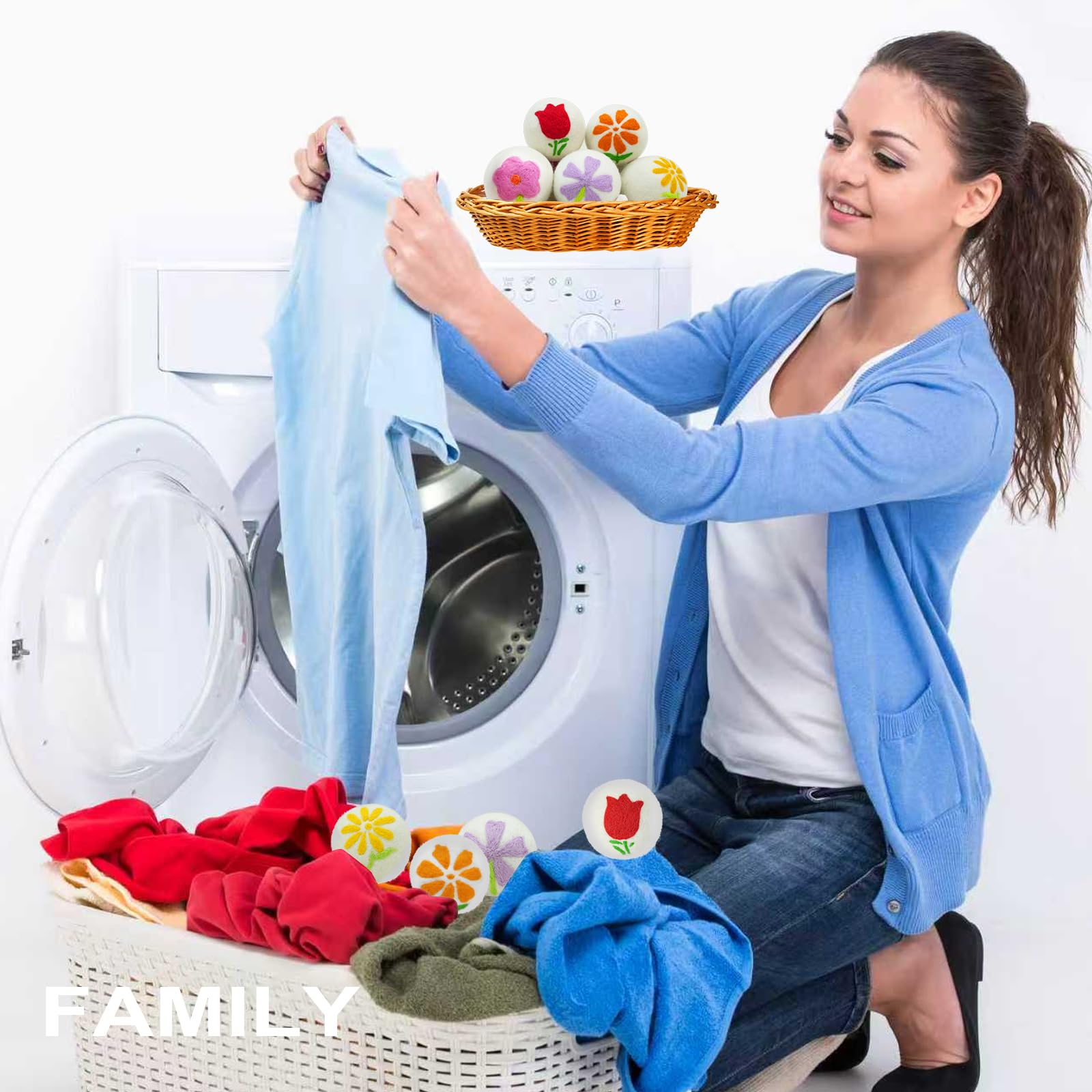Wool Dryer Balls 6-Pack XL - Unique Petal Embroidery, Natural Reusable Laundry Fabric Softener, Reduces Wrinkles & Drying Time, Hypoallergenic