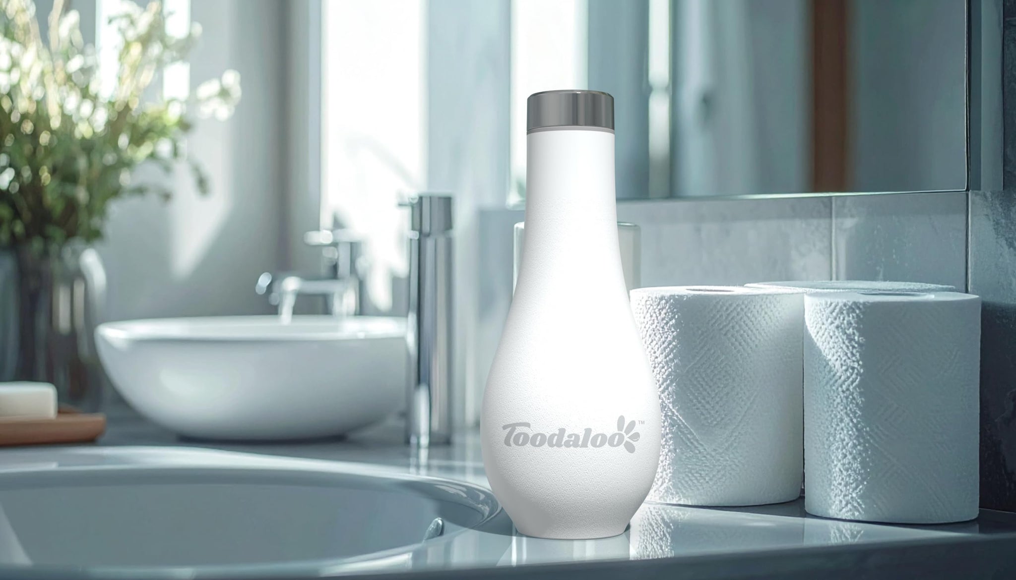 Toodaloo High Pressure Toilet Cleaning Spray Bottle, Soft Silicone, White with Chrome Lid, Easy to Clean, Remove Skid Marks, Diarrhea Overspray, or
