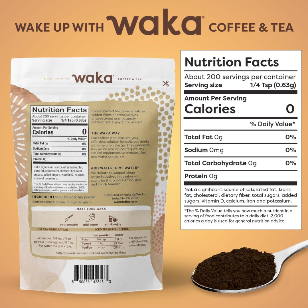 Waka Instant Black Tea Mix, Classic - 100% Tea Leaves, No Additives, Unsweetened Tea Powder for 50 Quarts or 200 Cups - Easy and Quick Hot or Iced